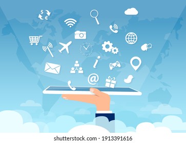 Vector of a hand holding tablet computer with multiple social media app icons above clouds 