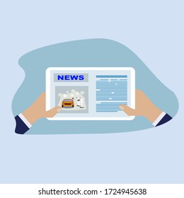 Vector of hand holding tablet and in the monitor have news about coronavirus, people use tablet to check cover 19 news