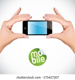 Vector Hand Holding Touchscreen Mobile Phone, Iphon, Ipade, Ipode style gadget Illustration, Icons, Sign, Badge With Sticker