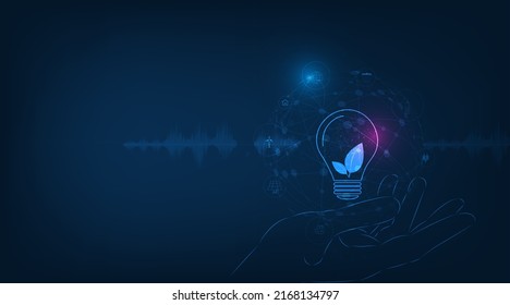 Vector hand holding Tree growing in light bulb concept . Ecology and Technology Convergence on dark blue color background. 