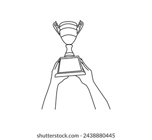  vector hand holding trophy continuously drawing line art 