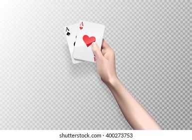 vector hand holding two aces  isolated on white or transparent  background. Poker cards