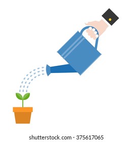 Vector hand holding watering can watering plant in pot, business concept, flat design