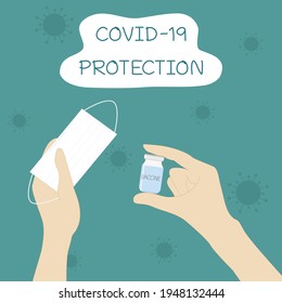 Vektor - Hand, die eine weiße Gesichtsmaske hält, und eine Flasche Impfstoff gegen Coronavirus (Covid-19). Gesundheitswesen, Medizin, Schutzkonzept.