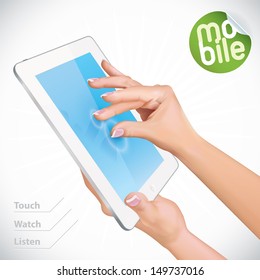 Vector Hand Holding White Glossy Tablet Pad, Ipade, Ipode, Iphon style gadget Illustration, Sign, With Sticker