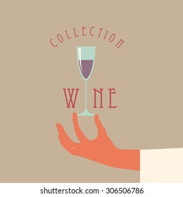 Vector hand holding a wine glass. wine collection sign.