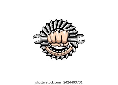 vector of hand holding a wrench for mechanic logo design, machine repair service