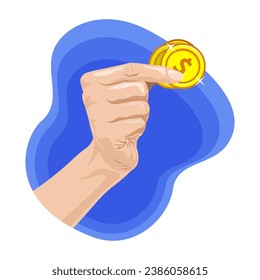 vector hand of holds coins. Vector illustration with hand and money. Hand holding gold coin. Business success, profit, finance, making money concept