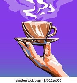 Vector. La mano sostiene una taza. Café. Café de té. Ilustración vectorial. Cena. Descanso de almuerzo. Ilustración de un café. Dibujando en la pared. Arte luminoso con una taza de té o café.