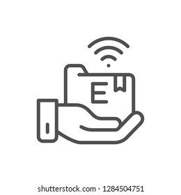 Vector hand holds e-learning folder, online education line icon. Symbol and sign illustration design. Isolated on white background