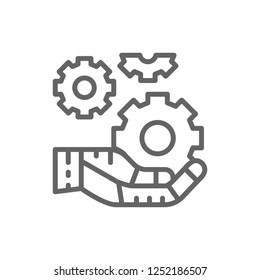 Vector hand holds a gear, tech development, engineering, technology line icon. Symbol and sign illustration design. Isolated on white background