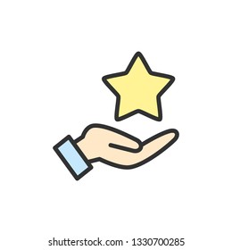 Vector hand holds star, feedback flat color line icon.