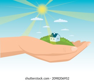 A vector hand holds a summer house with green spaces around it.
The symbol of the new suburban life is the location of housing in an ecologically clean place.
Vector illustration in a flat style.