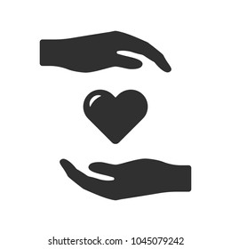 Vector hand icon surround the heart from above and from below. Background.