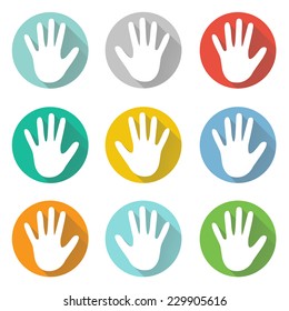 Vector Hand Icon Symbol Set. Circle buttons with long shadow. Web icon. 