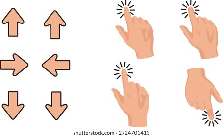 Vector, mano, iconos, hacer clic, flechas, apuntar, tacto, pantalla, digital, interfaz, dirección, cursor, gesto, interactivo, comunicación, tecnología, humano, navegación, signo