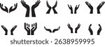  vector hand icons, perfect for conveying concepts of prayer, giving, receiving, help, and support. This set features various hand gestures in clean, minimalist silhouettes, ideal for spiritual.