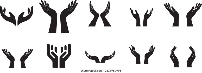  vector hand icons, perfect for conveying concepts of prayer, giving, receiving, help, and support. This set features various hand gestures in clean, minimalist silhouettes, ideal for spiritual.