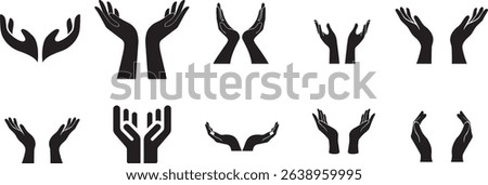  vector hand icons, perfect for conveying concepts of prayer, giving, receiving, help, and support. This set features various hand gestures in clean, minimalist silhouettes, ideal for spiritual.