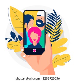 vector hand image, holding a smartphone to take a selfie with friends, photo making template