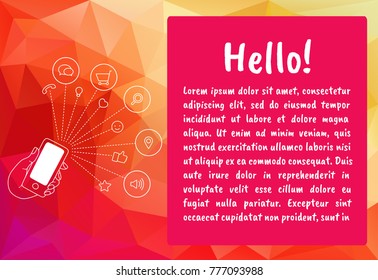 Vector hand keeping a mobile phone in the abstract background. Bubble talk with smartphone and notification of app