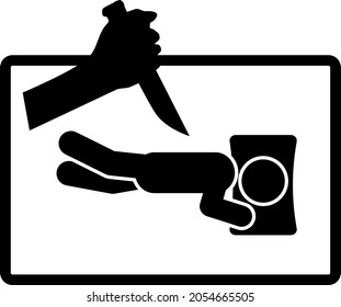 Vector Of A Hand With Knife Trying To Kill A Person Who Is Sleeping On The Bed. Pictogram Of A Crime Scene. Silhouette Of A Hand With Knife While Doing A Murder. A Crime Scene Of A Murder Attempt.