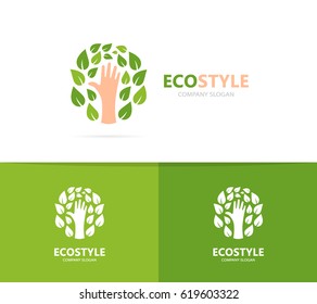 Vector of hand and leaf logo combination. Arm and eco symbol or icon. Unique organic and support logotype design template.