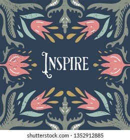 Vector hand lettered calligraphic vintage postcard, floral frame, modern art deco style, shabby chic. Editable EPS