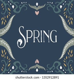 Vector hand lettered calligraphic vintage postcard, floral frame, modern art deco style, shabby chic. Editable EPS