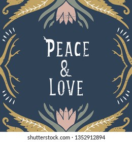 Vector hand lettered calligraphic vintage postcard, floral frame, modern art deco style, shabby chic. Editable EPS