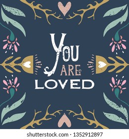 Vector hand lettered calligraphic vintage postcard, floral frame, modern art deco style, shabby chic. Editable EPS