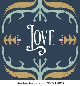Vector hand lettered calligraphic vintage postcard, floral frame, modern art deco style, shabby chic. Editable EPS