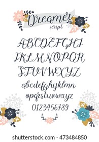 Vector Hand lettered font with standard characters, lowercase, uppercase and numbers. Handdrawn alphabet for design logos, greeting cards, invitations.