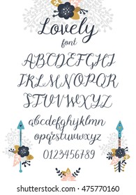Vector Hand lettered font with standard characters, lowercase, uppercase and numbers. Handdrawn alphabet for design logos, greeting cards, invitations.