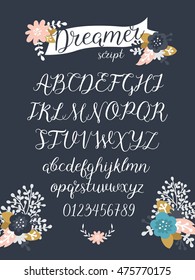 Vector Hand lettered font with standard characters, lowercase, uppercase and numbers. Handdrawn alphabet for design logos, greeting cards, invitations.