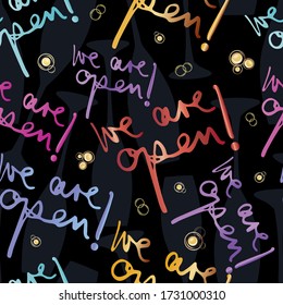 Vector hand lettered text announcing business opening. Seamless pattern background. Multicolor words and gold sparkling abstract champagne bubbles backdrop. Celebration concept for shop merchandise