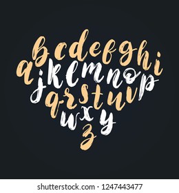 Vector hand lettering alphabet. Font of dry brush style. Calligraphy font letters on black background.