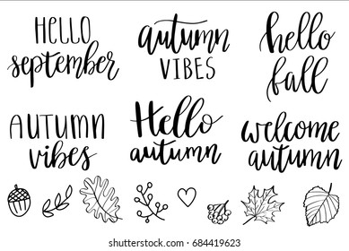 Vector hand lettering autumn phrases set, written in various brush styles with doodle berries, leaves, autumn elements and other