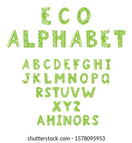 Vector hand lettering. Hand drawn letters in doodle style and isolated on a white background. Green Alphabet for inscriptions on postcards, t-shirts. There are alternatives to some letters. Abc