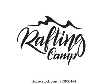 Vector hand lettering emblem of Rafting Camp with wave on white background