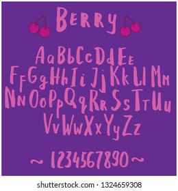 Vector hand lettering English alphabet. Brush calligraphy font in violet and pink berry color.