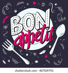 vector hand lettering expression - bon appetit - on a plate with fork and spoon. Illustration is decorated with design elements - bird, feathers, stars, curls, flowers, branches.