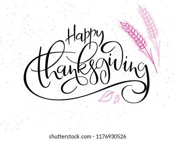 vector hand lettering greeting happy thanksgiving text with doodle wheat and dots.