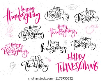 vector hand lettering greeting happy thanksgiving day text set, written in various styles with doodle leaves and dots.