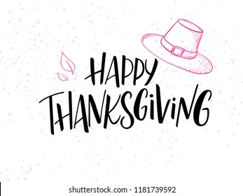 vector hand lettering greeting happy thanksgiving text with doodle pie, leaves and dots.