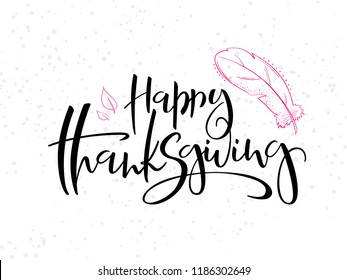 vector hand lettering greeting happy thanksgiving text with doodle pie, leaves and dots.