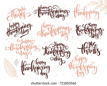 vector hand lettering greeting happy thanksgiving day text set, written in various styles with doodle leaves and dots