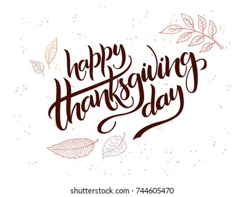 vector hand lettering greeting happy thanksgiving day text with doodle leaves and dots