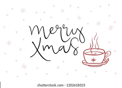 vector hand lettering greeting merry xmas text with doodle hot cup of tea and snowflakes