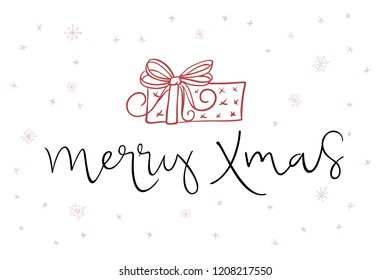 vector hand lettering greeting Merry Christmas text with doodle gift box and snowflakes.